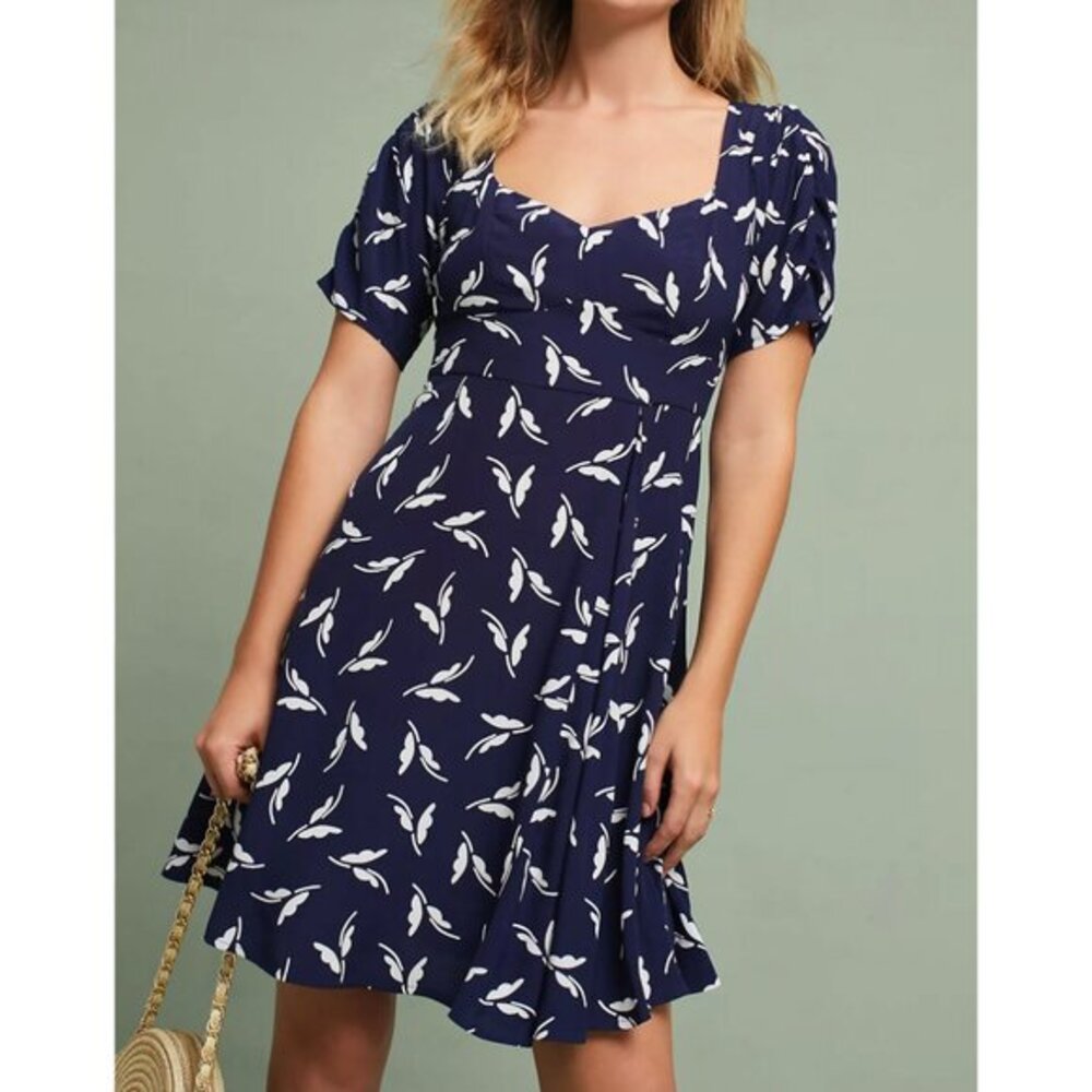 Anthropologie Navy Blue Mini Dress with White Leaf Print